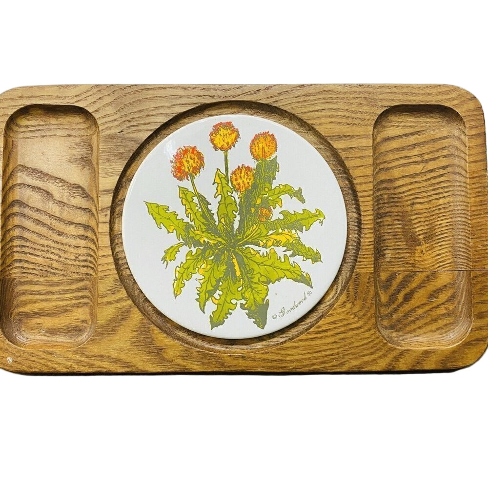 Vintage Goodwood Floral Cheese Tray 70s Retro Wood